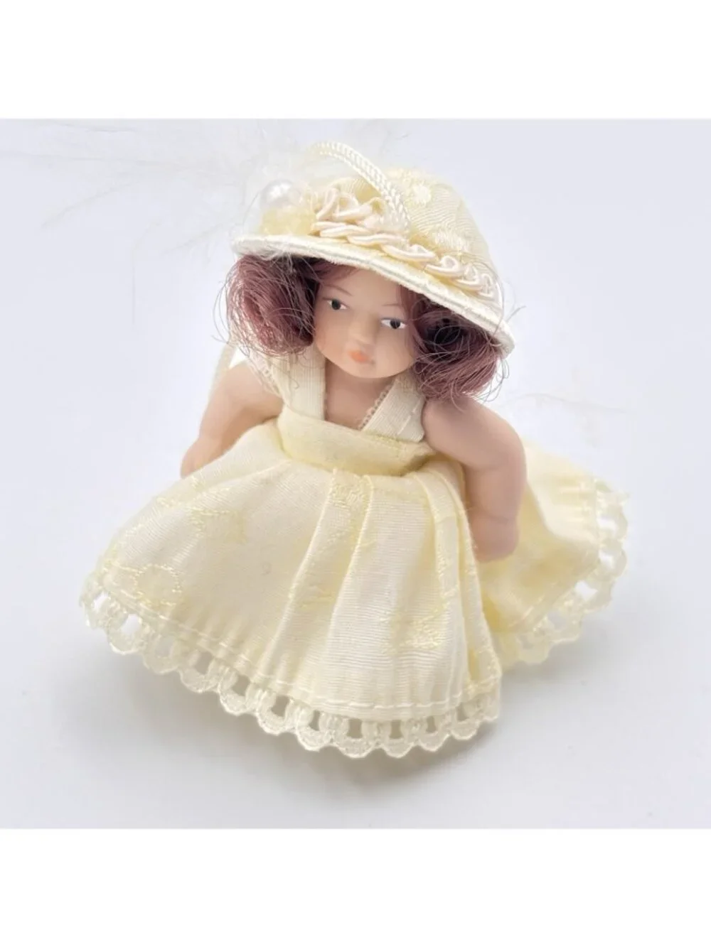 Miniature Porcelain Victorian Doll Christmas Ornament Cream Dress Beaded Hat 2”